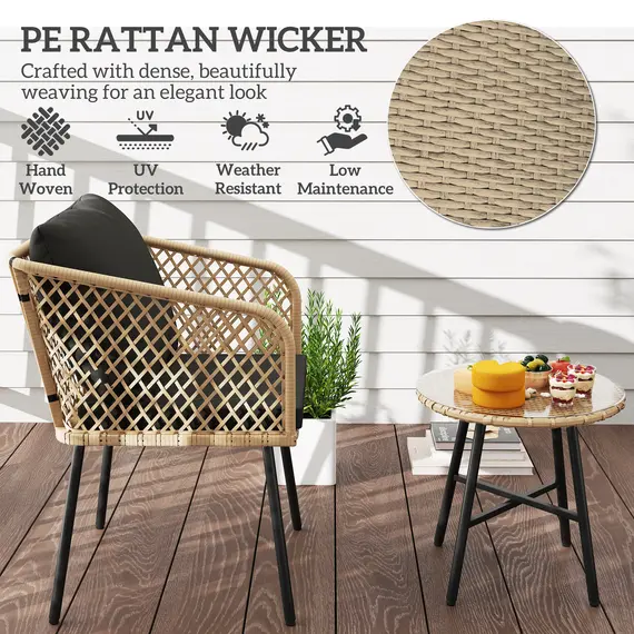 Buy 3 Piece Rattan Bistro Set with 2 Chairs, Tempered Glass Table, Cushions, Adjustable Foot Pads, Nature Wood Finish, 5 image