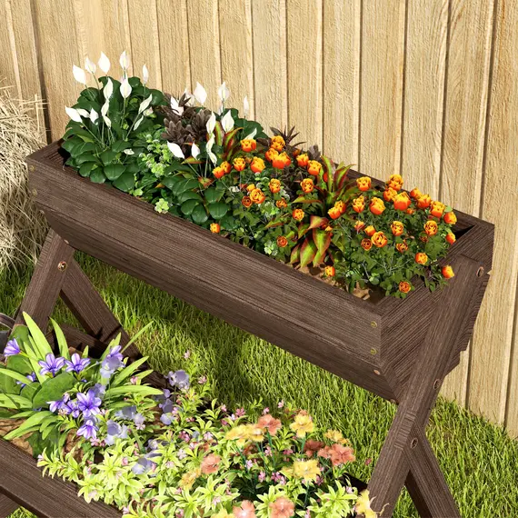 Buy 3 Tier Raised Garden Bed Wooden Elevated Planter Box Kit, 66L for Flower, Vegetable, Herb, 65x75x78cm, Tan, 9 image