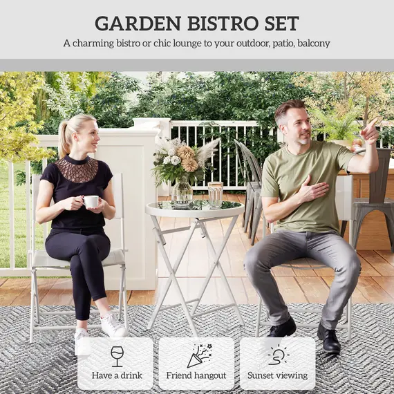 Buy 3 Pieces Outdoor Bistro Set, Glass Top Outdoor Table and 2 Folding Chairs with Protecting Feet, White, 4 image