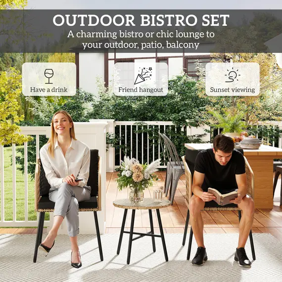 Buy 3 Piece Rattan Bistro Set with 2 Chairs, Tempered Glass Table, Cushions, Adjustable Foot Pads, Nature Wood Finish, 4 image