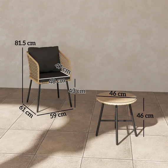 Buy 3 Piece Rattan Bistro Set with 2 Chairs, Tempered Glass Table, Cushions, Adjustable Foot Pads, Nature Wood Finish, 3 image