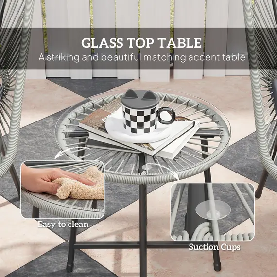 Buy  3 Pieces Rattan Bistro Set, Wicker Small Garden Table and Chairs Set with Cushions and Glass Top Coffee Table, Bistro Garden Furniture Set for Outdoor, Patio, Balcony, Light Grey, 7 image