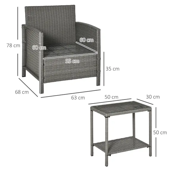 Buy 3 Pieces Rattan Bistro Set, Wicker Garden Furniture Set, Glass Top 2-tier Coffee Table and Chairs Set with Pillows and Washable Cushions for Outdoor, Patio, Balcony, Light Grey, 3 image