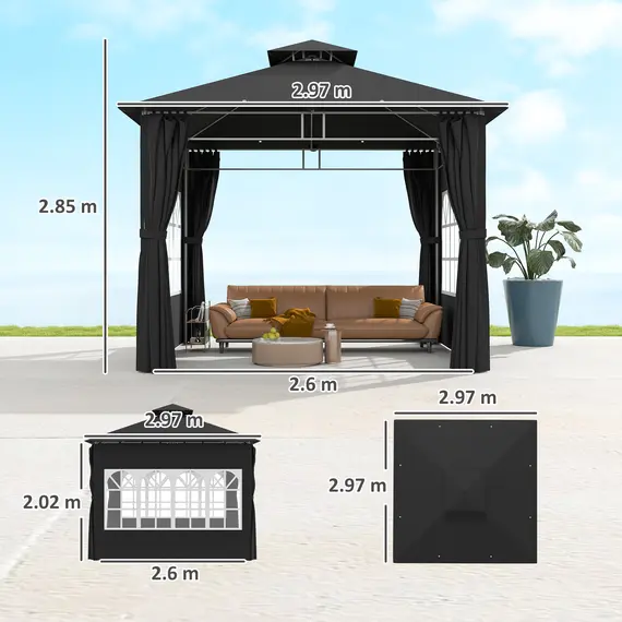 Buy 3 x 3 m Garden Gazebo, Double Roof Metal Gazebo with Removable Sidewalls and Church Windows, Outdoor Canopy Shelter, Black, 3 image