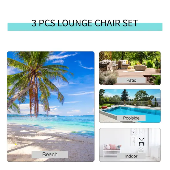 Buy 3 Pieces Sun Lounger Chair Set, Metal Frame Garden Outdoor Sunbathing Chair with Side Table and Armrest, Grey, 7 image