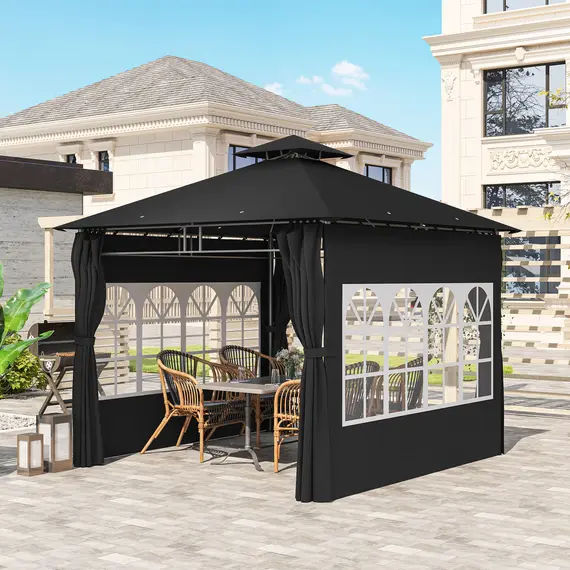 Buy 3 x 3 m Garden Gazebo, Double Roof Metal Gazebo with Removable Sidewalls and Church Windows, Outdoor Canopy Shelter, Black, 9 image