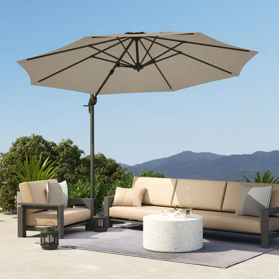 Buy 3 x 3(m) Cantilever Parasol with Cross Base, Garden Umbrella with 360° Rotation, Crank Handle and Tilt for Outdoor, Light Grey, 8 image