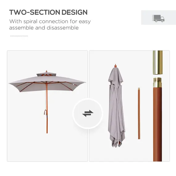 Buy 3 x 3 (m) Garden Parasol Umbrella, Large Square Outdoor Patio Sunshade Canopy with Double Tier, 48 mm Wooden Pole, 8 Ribs for Balcony, Grey, 6 image