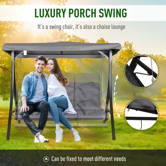 Buy 3 Seater Garden Swing Seat Outdoor Swing Chairs Chaise Lounge Padded Seat Hammock Canopy Porch Patio Bench Bed Recliner Sun Lounger - Grey, 4 image