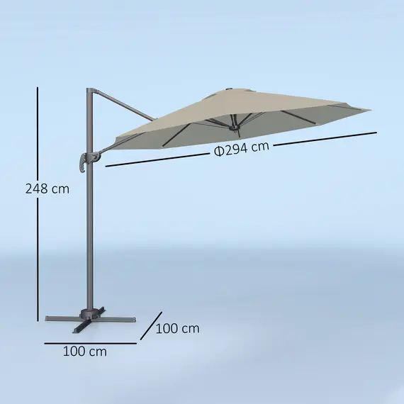 Buy 3 x 3(m) Cantilever Parasol with Cross Base, Garden Umbrella with 360° Rotation, Crank Handle and Tilt for Outdoor, Light Grey, 3 image