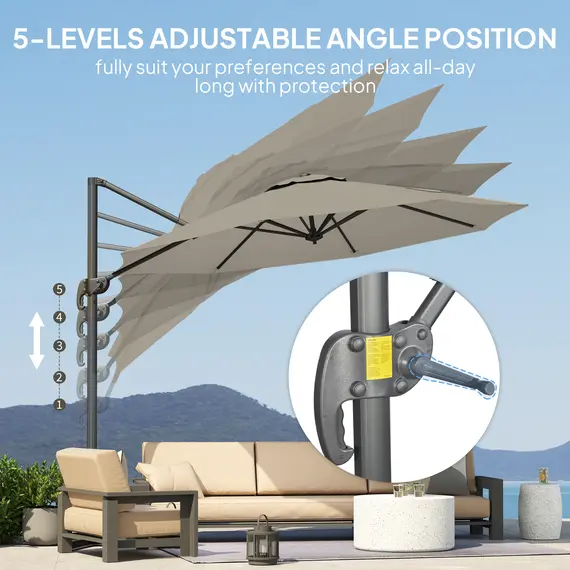 Buy 3 x 3(m) Cantilever Parasol with Cross Base, Garden Umbrella with 360° Rotation, Crank Handle and Tilt for Outdoor, Light Grey, 5 image