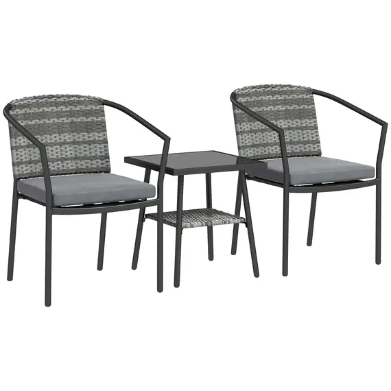 Buy 3 Pieces Rattan Bistro Set with Cushions, Wicker Garden Furniture Set, Glass Top Coffee Table and Chairs for Outdoor Patio, Balcony, Terrace and Conservatory, Grey