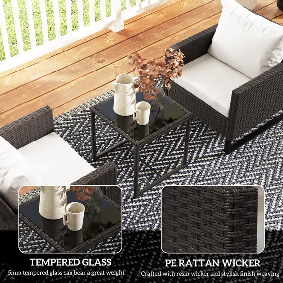 Buy 3 Pieces Rattan Bistro Set with 4 Cushions, Wicker Garden Furniture Set, Glass Top Coffee Table and Chairs for Outdoor Patio, Balcony, Terrace and Conservatory, Brown, 6 image
