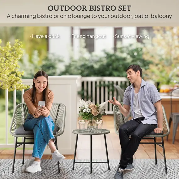 Buy  3 Pieces Rattan Bistro Set, Wicker Small Garden Table and Chairs Set with Cushions and Glass Top Coffee Table, Bistro Garden Furniture Set for Outdoor, Patio, Balcony, Light Grey, 4 image