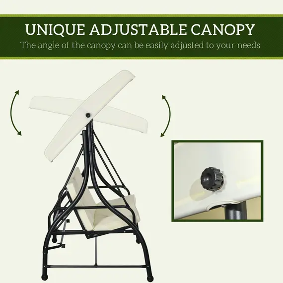 Buy 3 Seater Canopy Swing Chair, 2 in 1 Garden Swing Seat Bed, with Adjustable Canopy and Metal Frame, Cream White, 4 image