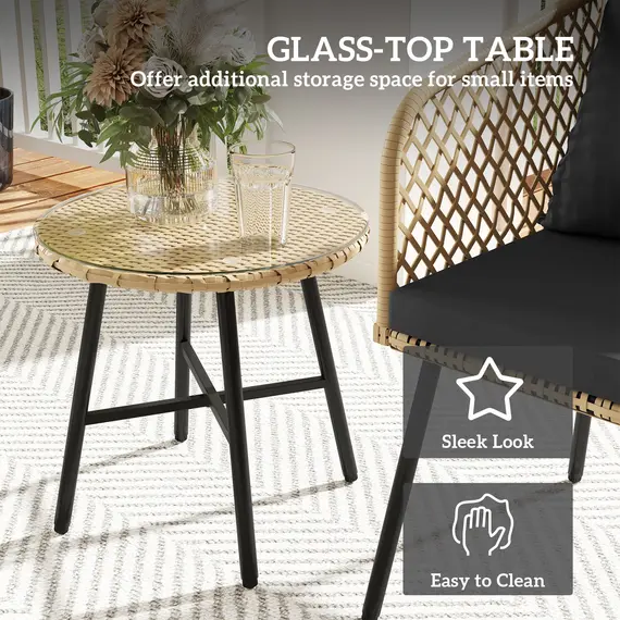 Buy 3 Piece Rattan Bistro Set with 2 Chairs, Tempered Glass Table, Cushions, Adjustable Foot Pads, Nature Wood Finish, 7 image