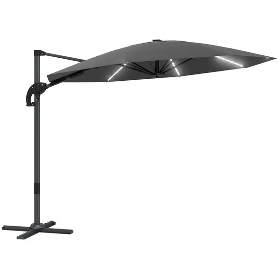 Buy 3(m) Cantilever Garden Parasol with Solar Powered Lights, Crank Handle & Cross Base, UPF 50+, 360° Rotation, Dark Grey