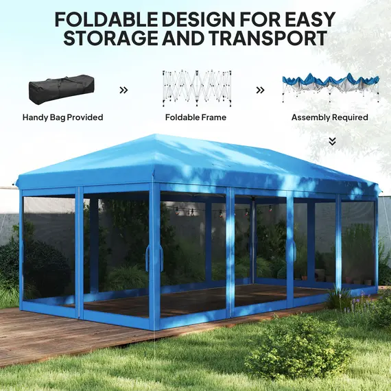 Buy 3 x 6m Pop Up Gazebo, Outdoor Canopy Shelter, Marquee Party Wedding Tent with 6 Mesh Walls and Carry Bag, Blue, 5 image