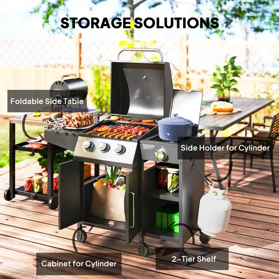 Buy 3+1 Burner Gas BBQ Grill with Storage Cabinet and Shelves, 9.5 kW Gas Barbecue Trolley with 6 Castor Wheels, Warming Rack, Thermometer for Outdoor Cooking Garden Party, Black, 5 image
