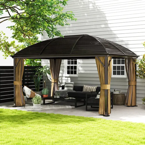 Buy 3 x 4m Hardtop Gazebo Canopy with Metal Roof, Aluminium Gazebo Permanent Pavilion with Netting and Curtains, Brown, 9 image