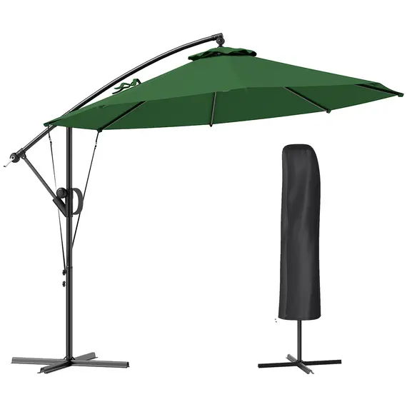 Buy 3(m) Garden Cantilever Parasol with Cover and Wind Protection Strap, Round Overhanging Umbrella with Crank Handle and Tilt, Banana Patio Umbrella for Outdoor Sun Shade, UPF50+, Green