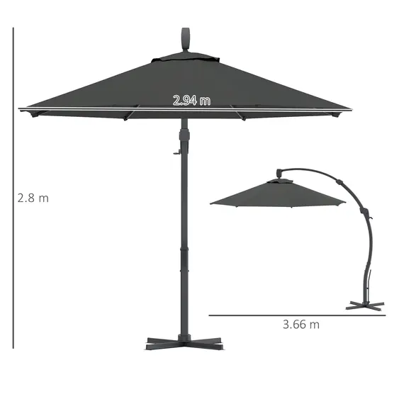 Buy 3(m) Garden Cantilever Parasol, Round Overhanging Umbrella with Crank Handle, Cross Base, Aluminium Frame and 360° Rotation, Banana Patio Umbrella for Outdoor Sun Shade, Grey, 3 image