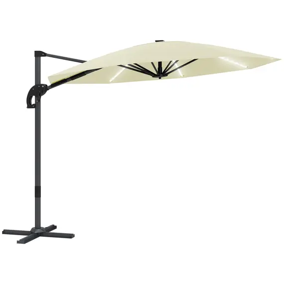 Buy 3(m) Cantilever Garden Parasol with Solar Powered Lights, Crank Handle & Cross Base, UPF 50+, 360° Rotation, Cream