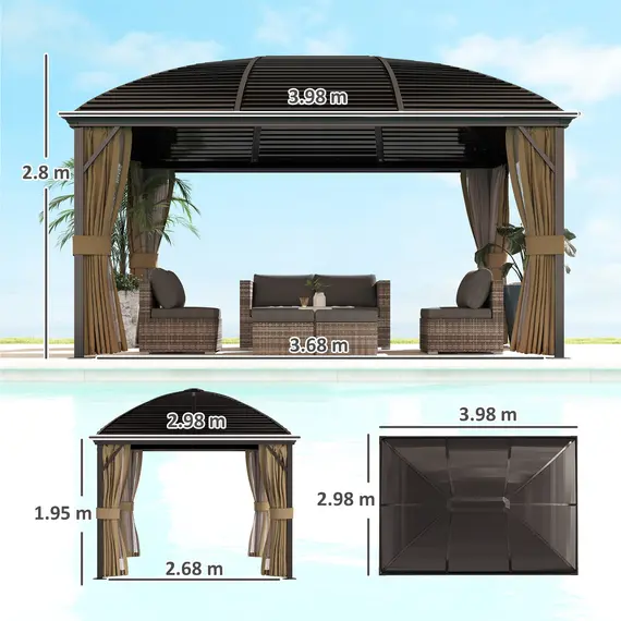 Buy 3 x 4m Hardtop Gazebo Canopy with Metal Roof, Aluminium Gazebo Permanent Pavilion with Netting and Curtains, Brown, 3 image