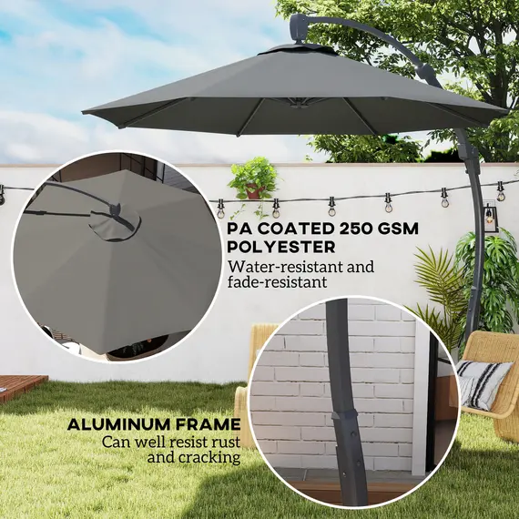 Buy 3(m) Garden Cantilever Parasol, Round Overhanging Umbrella with Crank Handle, Cross Base, Aluminium Frame and 360° Rotation, Banana Patio Umbrella for Outdoor Sun Shade, Grey, 4 image