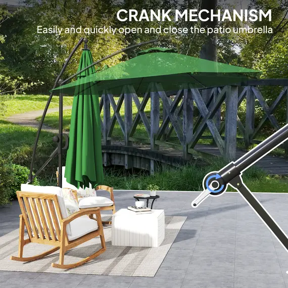 Buy 3(m) Garden Cantilever Parasol with Cover and Wind Protection Strap, Round Overhanging Umbrella with Crank Handle and Tilt, Banana Patio Umbrella for Outdoor Sun Shade, UPF50+, Green, 8 image