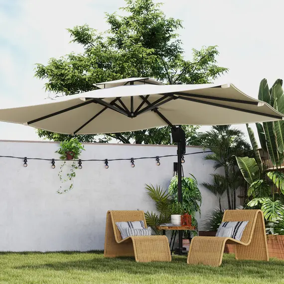 Buy  3.7 x 2.7 m Cantilever Parasol w/ 360° Rotation and Easy Tilt Adjustment, Aluminium Hanging Offset Outdoor Umbrella w/ Double Top and Cross Base, UPF50+ Hanging Sun Shade, Black, 9 image
