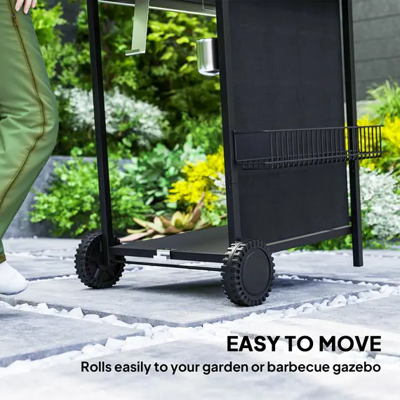 Buy 3+1 Burner Gas BBQ Grill, Portable Gas Barbecue Grill with Built-in Thermometer, Lid, Side Table, Shelf, Spice Rack, Wheels, Grease Cup for Garden Party Outdoor Cooking, Black, 8 image