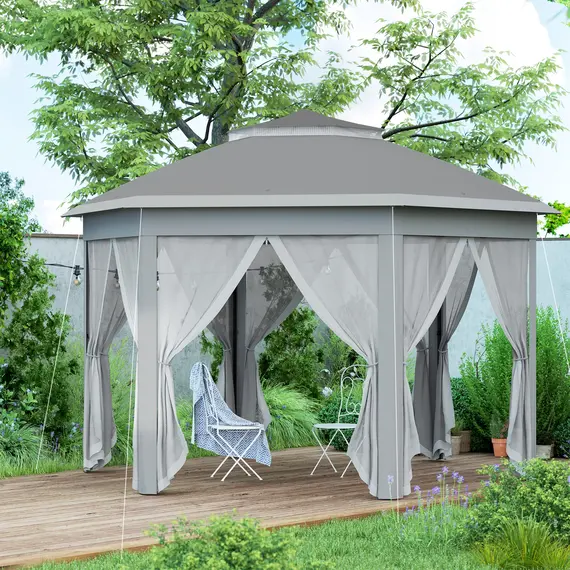Buy 3 x 4m Garden Gazebo Hexagon Pop Up Gazebo Party Tent Canopy Double Roof Instant Shelter with Netting and Carry Bag for Outdoor Patio, Dark Grey, 9 image