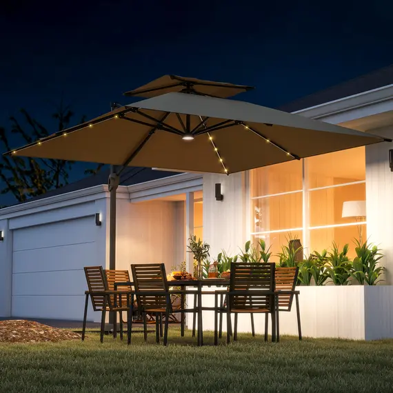 Buy 3.5x3 m Garden Cantilever Parasol with Solar LED Lights and Centre Light, UPF50+ Aluminium Patio Umbrella with 360° Rotation and Tilt, Hanging Sun Shade with Cross Base, Crank Handle, Khaki, 2 image