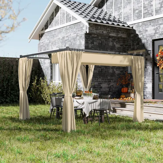 Buy 3 x 3m Retractable Roof Pergola, with Curtains - Khaki, 2 image