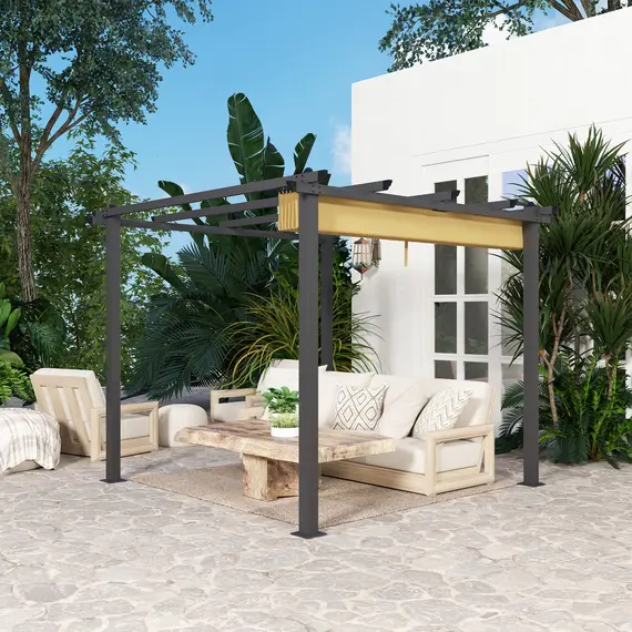Buy 3 x 3m Aluminium Pergola, with Retractable Roof - Khaki, 8 image