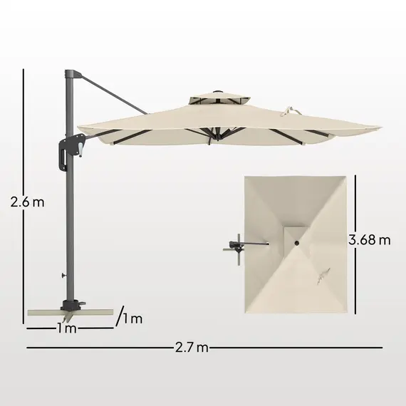 Buy  3.7 x 2.7 m Cantilever Parasol w/ 360° Rotation and Easy Tilt Adjustment, Aluminium Hanging Offset Outdoor Umbrella w/ Double Top and Cross Base, UPF50+ Hanging Sun Shade, Black, 3 image