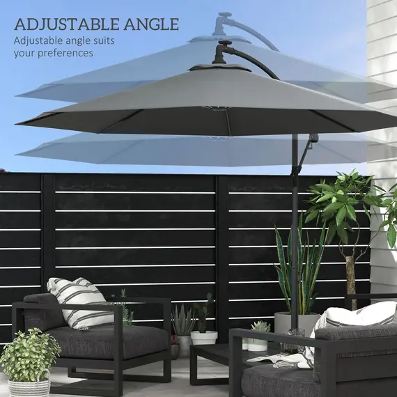 Buy 3(m) Cantilever Parasol with Solar LED Lights, Garden Umbrella with Cross Base and Crank Handle, Hanging Offset Banana Sun Shade for Outdoor, Patio, Grey, 5 image