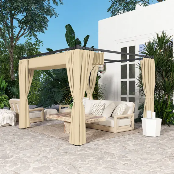 Buy 3 x 3m Retractable Roof Pergola, with Curtains - Khaki, 9 image