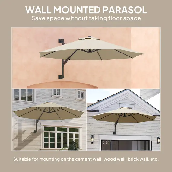 Buy 3(m) Wall-Mounted Parasol Shade, with Handle - Khaki, 8 image