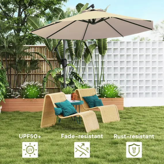 Buy 3(m) Garden Cantilever Parasol with Cover and Wind Protection Strap, Round Overhanging Umbrella with Crank Handle and Tilt, Banana Patio Umbrella for Outdoor Sun Shade, UPF50+, Khaki, 5 image