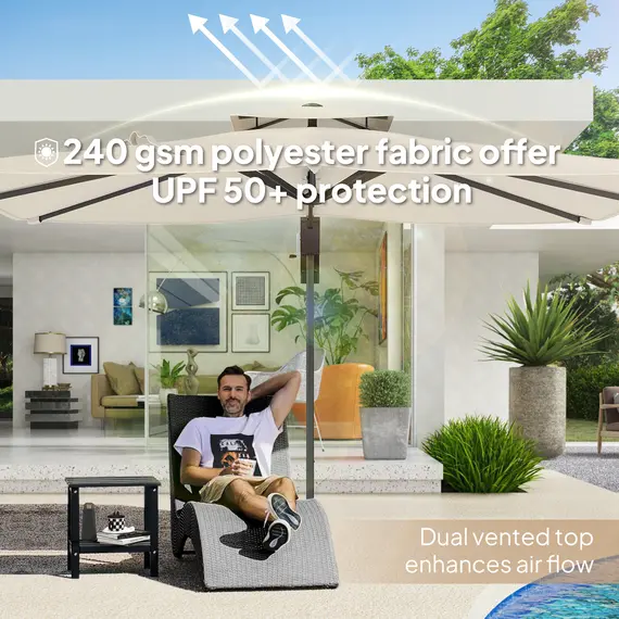 Buy  3.7 x 2.7 m Cantilever Parasol w/ 360° Rotation and Easy Tilt Adjustment, Aluminium Hanging Offset Outdoor Umbrella w/ Double Top and Cross Base, UPF50+ Hanging Sun Shade, Black, 4 image