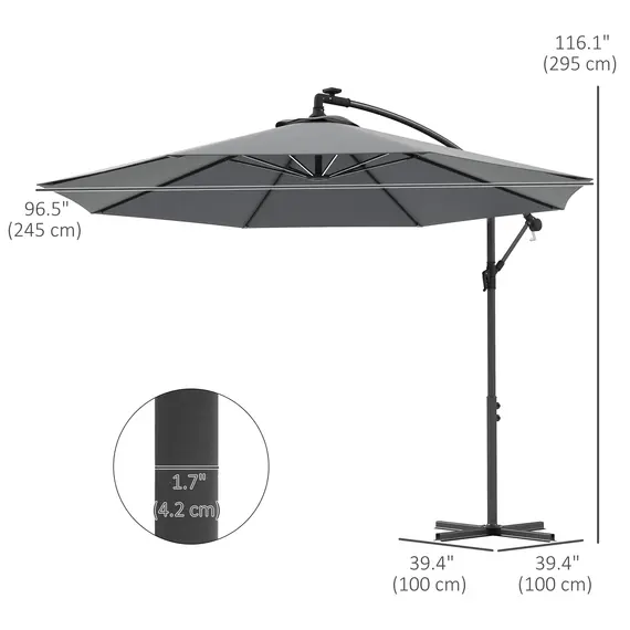 Buy 3(m) Cantilever Parasol with Solar LED Lights, Garden Umbrella with Cross Base and Crank Handle, Hanging Offset Banana Sun Shade for Outdoor, Patio, Grey, 3 image