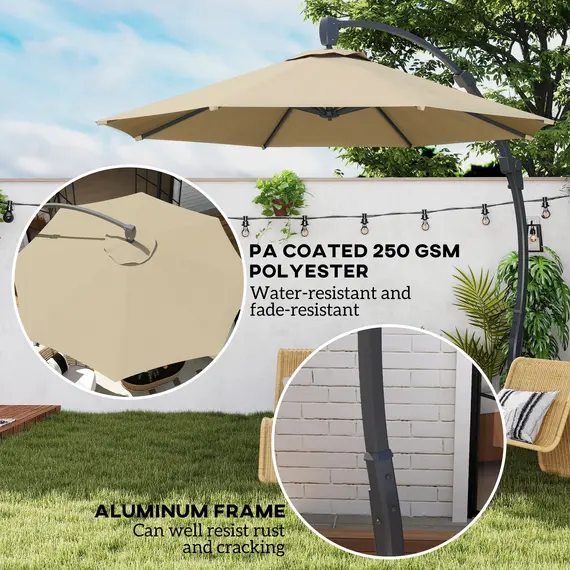Buy 3(m) Garden Cantilever Parasol, Round Overhanging Umbrella with Crank Handle, Cross Base, Aluminium Frame and 360° Rotation, Banana Patio Umbrella for Outdoor Sun Shade, Khaki, 4 image