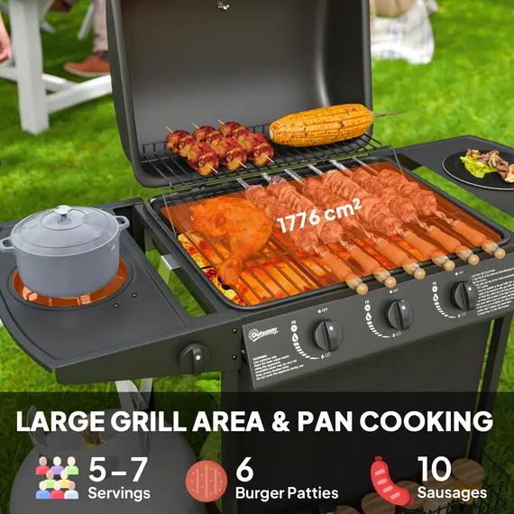 Buy 3+1 Burner Gas BBQ Grill, Portable Gas Barbecue Grill with Built-in Thermometer, Lid, Side Table, Shelf, Spice Rack, Wheels, Grease Cup for Garden Party Outdoor Cooking, Black, 4 image