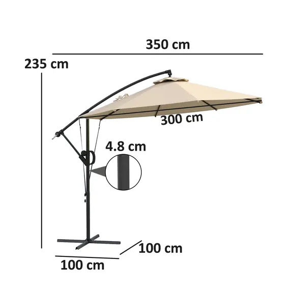 Buy 3(m) Garden Cantilever Parasol with Cover and Wind Protection Strap, Round Overhanging Umbrella with Crank Handle and Tilt, Banana Patio Umbrella for Outdoor Sun Shade, UPF50+, Khaki, 3 image