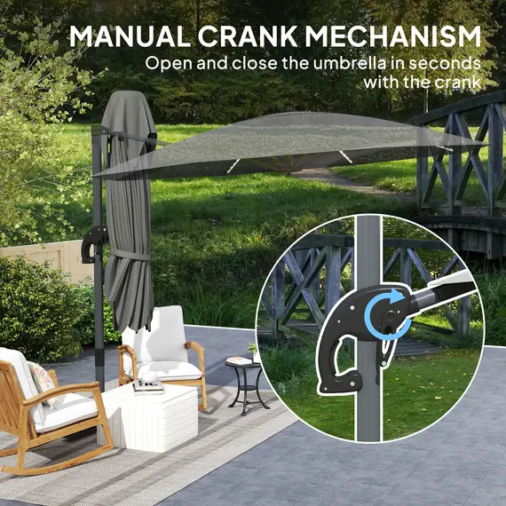 Buy 3(m) Cantilever Garden Parasol with Solar Powered Lights, Crank Handle & Cross Base, UPF 50+, 360° Rotation, Dark Grey, 8 image