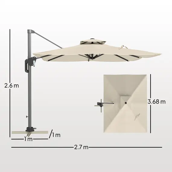 Buy 3.7 x 2.7 m Cantilever Parasol w/ 360° Rotation and Easy Tilt Adjustment, Aluminium Hanging Offset Outdoor Umbrella w/ Double Top and Cross Base, UPF50+ Hanging Sun Shade, Grey Wood Effect, 3 image