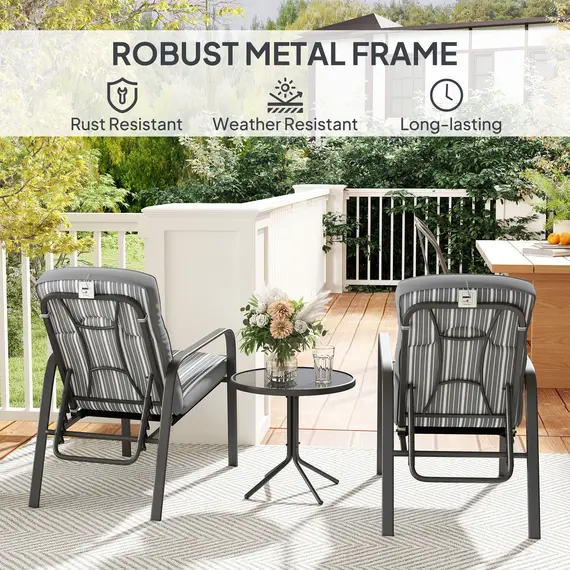 Buy 3-Piece Patio Bistro Set, 5-Position Adjustable Recliner Garden Chairs and Tempered Glass Table, Garden Furniture Set with Cushions, High Back, Armrests, Metal Frame for Balcony Patio, Grey, 7 image