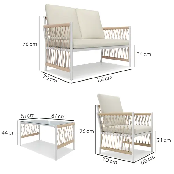 Buy 4 Piece Rattan Garden Furniture Set, 4 Seater Wicker Patio Conversation Set with 2 Armchairs, Loveseat, Glass Top Coffee Table and Cushions for Outdoor, Balcony, Khaki, 3 image